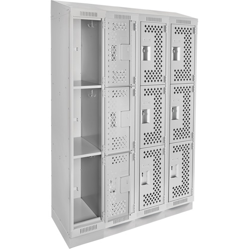 Clean Line Lockers, 3 -tier, Bank of 4, 48" x 18" x 82", Steel, Grey, Rivet (Assembled), Perforated Auto-Cam