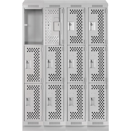 Clean Line Lockers, 3 -tier, Bank of 4, 48" x 18" x 82", Steel, Grey, Rivet (Assembled), Perforated Auto-Cam