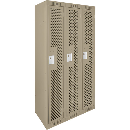 Clean Line Lockers, Bank of 3, 36" x 12" x 72", Steel, Beige, Rivet (Assembled), Perforated Auto-Cam
