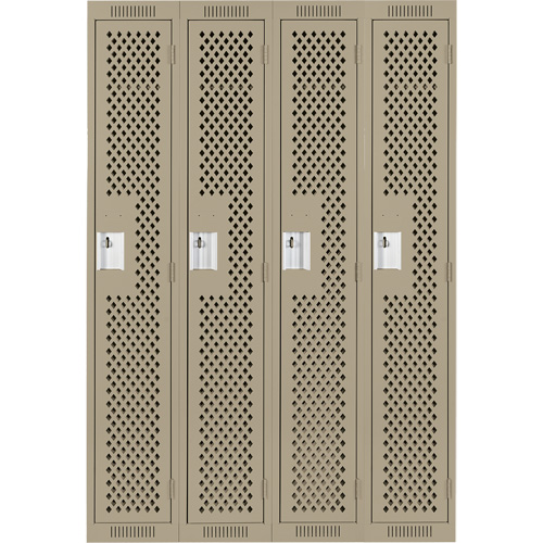 Clean Line Lockers, Bank of 4, 48" x 12" x 72", Steel, Beige, Rivet (Assembled), Perforated Auto-Cam
