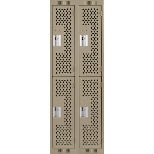 Clean Line Lockers, 2 -tier, Bank of 2, 24" x 12" x 72", Steel, Beige, Rivet (Assembled), Perforated Auto-Cam