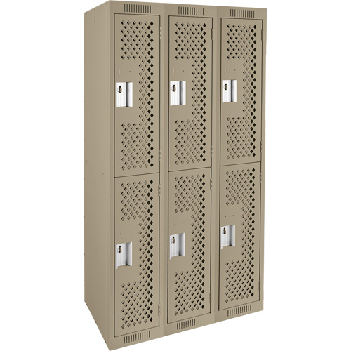 Clean Line Lockers, 2 -tier, Bank of 3, 36" x 12" x 72", Steel, Beige, Rivet (Assembled), Perforated Auto-Cam