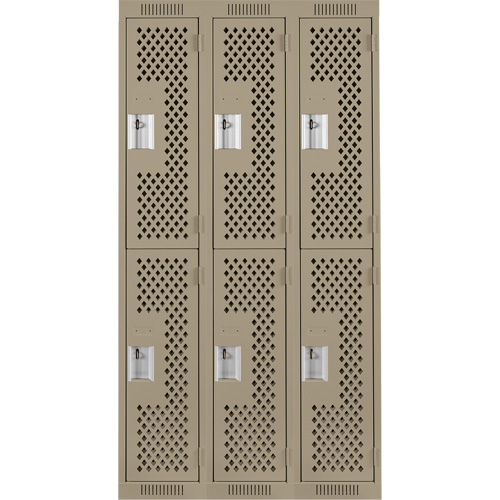 Clean Line Lockers, 2 -tier, Bank of 3, 36" x 12" x 72", Steel, Beige, Rivet (Assembled), Perforated Auto-Cam