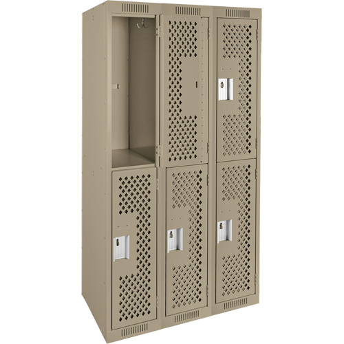 Clean Line Lockers, 2 -tier, Bank of 3, 36" x 12" x 72", Steel, Beige, Rivet (Assembled), Perforated Auto-Cam