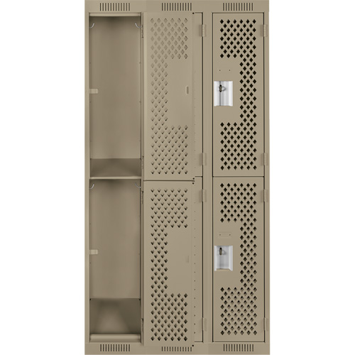 Clean Line Lockers, 2 -tier, Bank of 3, 36" x 12" x 72", Steel, Beige, Rivet (Assembled), Perforated Auto-Cam