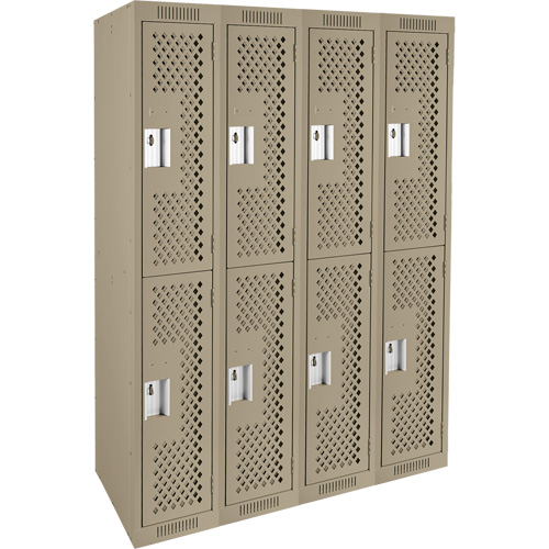 Clean Line Lockers, 2 -tier, Bank of 4, 48" x 12" x 72", Steel, Beige, Rivet (Assembled), Perforated Auto-Cam
