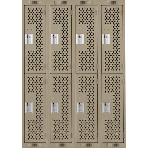 Clean Line Lockers, 2 -tier, Bank of 4, 48" x 12" x 72", Steel, Beige, Rivet (Assembled), Perforated Auto-Cam