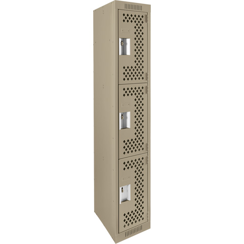 Clean Line Lockers, 3 -tier, 12" x 12" x 72", Steel, Beige, Rivet (Assembled), Perforated Auto-Cam