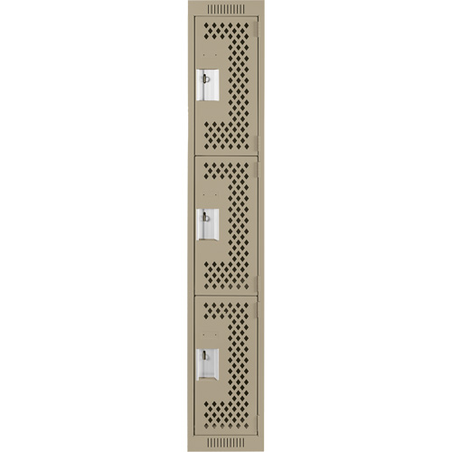 Clean Line Lockers, 3 -tier, 12" x 12" x 72", Steel, Beige, Rivet (Assembled), Perforated Auto-Cam