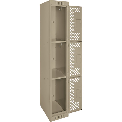 Clean Line Lockers, 3 -tier, 12" x 12" x 72", Steel, Beige, Rivet (Assembled), Perforated Auto-Cam