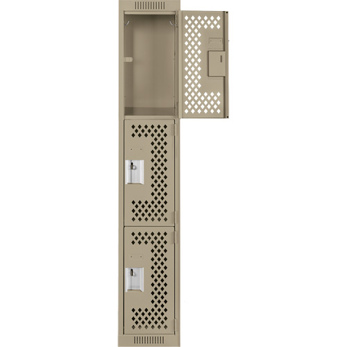 Clean Line Lockers, 3 -tier, 12" x 12" x 72", Steel, Beige, Rivet (Assembled), Perforated Auto-Cam