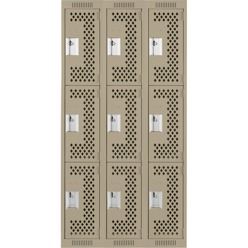 Clean Line Lockers, 3 -tier, Bank of 3, 36" x 12" x 72", Steel, Beige, Rivet (Assembled), Perforated Auto-Cam