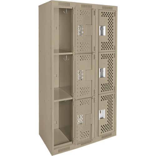 Clean Line Lockers, 3 -tier, Bank of 3, 36" x 12" x 72", Steel, Beige, Rivet (Assembled), Perforated Auto-Cam