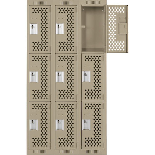Clean Line Lockers, 3 -tier, Bank of 3, 36" x 12" x 72", Steel, Beige, Rivet (Assembled), Perforated Auto-Cam