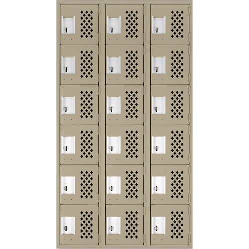 Assembled Lockerettes Clean Line Perforated Economy Lockers, 6 -tier, Bank of 3, 18" x 72" x 12", Steel Auto-Cam