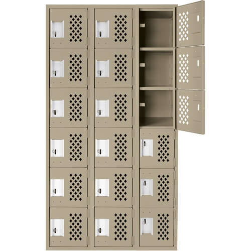 Assembled Lockerettes Clean Line Perforated Economy Lockers, 6 -tier, Bank of 3, 18" x 72" x 12", Steel Auto-Cam