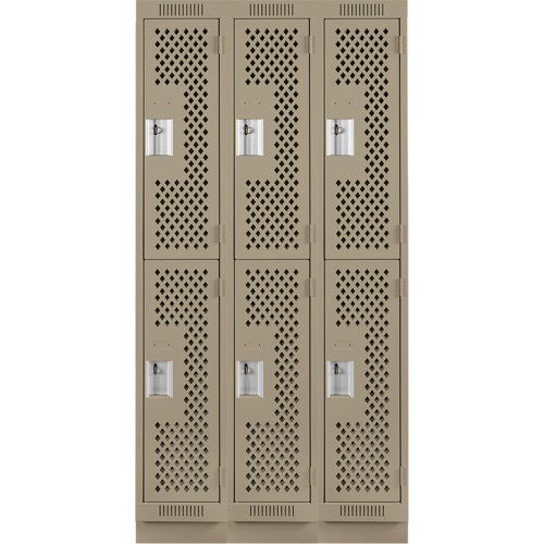 Clean Line Lockers, 2 -tier, Bank of 3, 36" x 12" x 76", Steel, Beige, Rivet (Assembled), Perforated Auto-Cam
