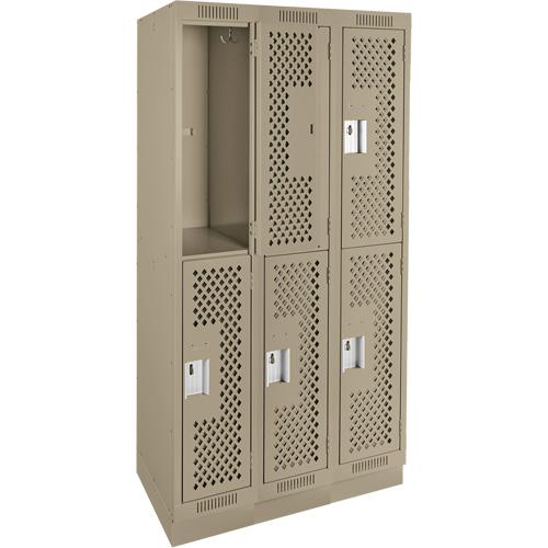 Clean Line Lockers, 2 -tier, Bank of 3, 36" x 12" x 76", Steel, Beige, Rivet (Assembled), Perforated Auto-Cam