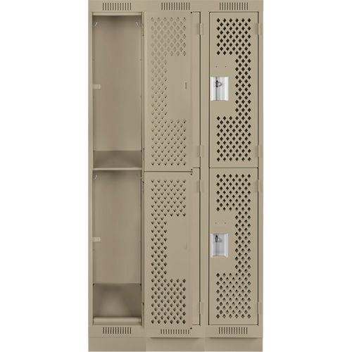 Clean Line Lockers, 2 -tier, Bank of 3, 36" x 12" x 76", Steel, Beige, Rivet (Assembled), Perforated Auto-Cam