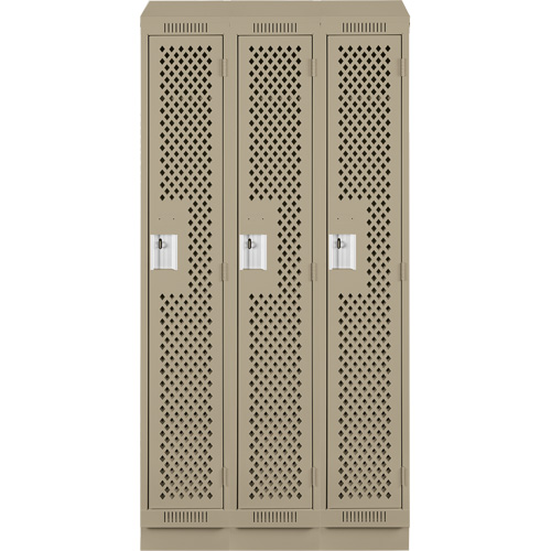 Clean Line Lockers, Bank of 3, 36" x 18" x 82", Steel, Beige, Rivet (Assembled), Perforated Auto-Cam