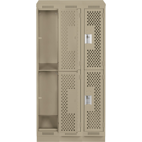 Clean Line Lockers, 2 -tier, Bank of 3, 36" x 12" x 82", Steel, Beige, Rivet (Assembled), Perforated Auto-Cam