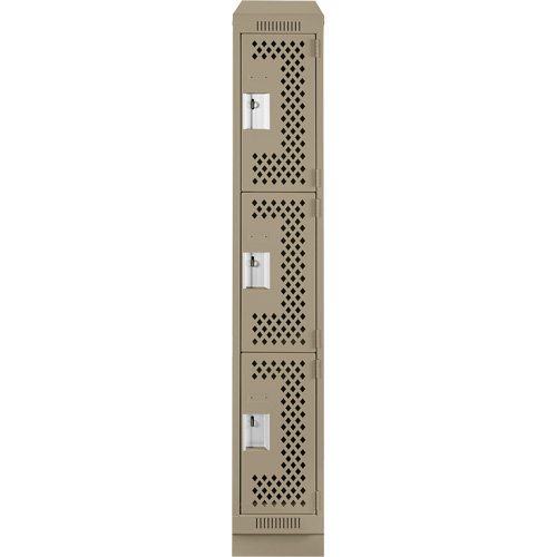 Clean Line Lockers, 3 -tier, 12" x 18" x 82", Steel, Beige, Rivet (Assembled), Perforated Auto-Cam