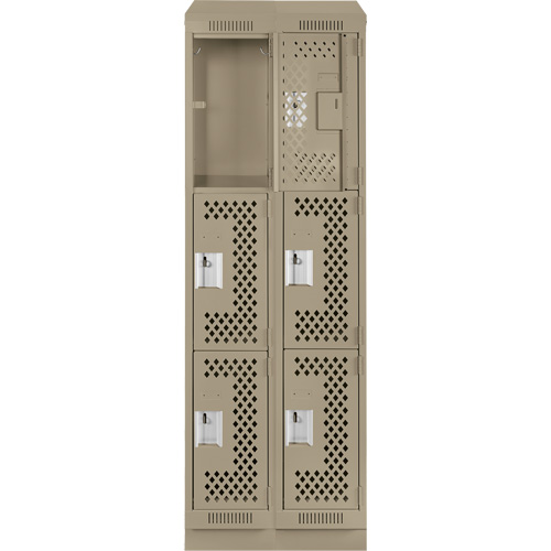 Clean Line Lockers, 3 -tier, Bank of 2, 24" x 18" x 82", Steel, Beige, Rivet (Assembled), Perforated Auto-Cam