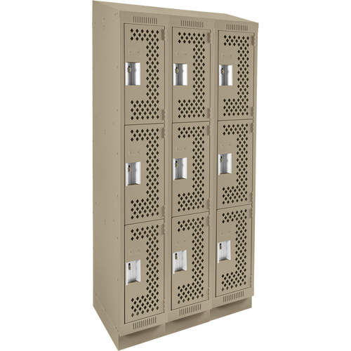 Clean Line Lockers, 3 -tier, Bank of 3, 36" x 18" x 82", Steel, Beige, Rivet (Assembled), Perforated Auto-Cam
