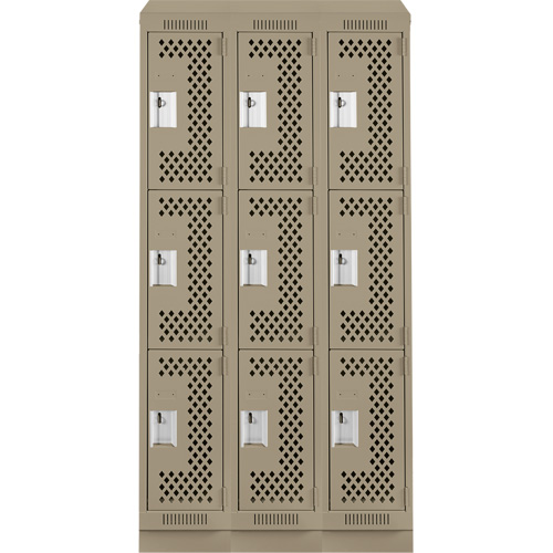 Clean Line Lockers, 3 -tier, Bank of 3, 36" x 18" x 82", Steel, Beige, Rivet (Assembled), Perforated Auto-Cam