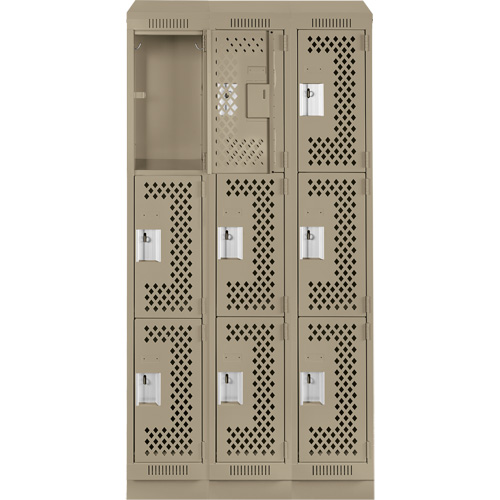 Clean Line Lockers, 3 -tier, Bank of 3, 36" x 18" x 82", Steel, Beige, Rivet (Assembled), Perforated Auto-Cam