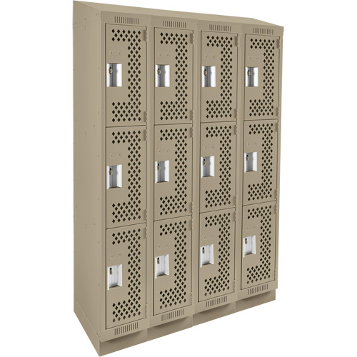 Clean Line Lockers, 3 -tier, Bank of 4, 48" x 18" x 82", Steel, Beige, Rivet (Assembled), Perforated Auto-Cam