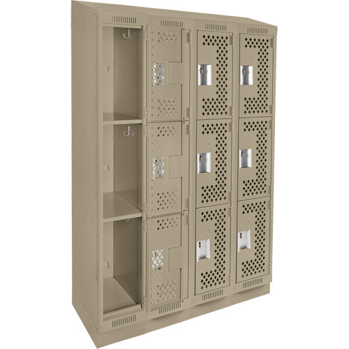 Clean Line Lockers, 3 -tier, Bank of 4, 48" x 18" x 82", Steel, Beige, Rivet (Assembled), Perforated Auto-Cam