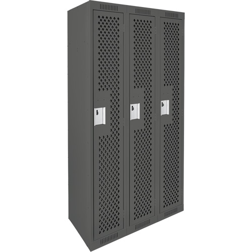 Clean Line Lockers, Bank of 3, 36" x 12" x 72", Steel, Charcoal, Rivet (Assembled), Perforated Auto-Cam