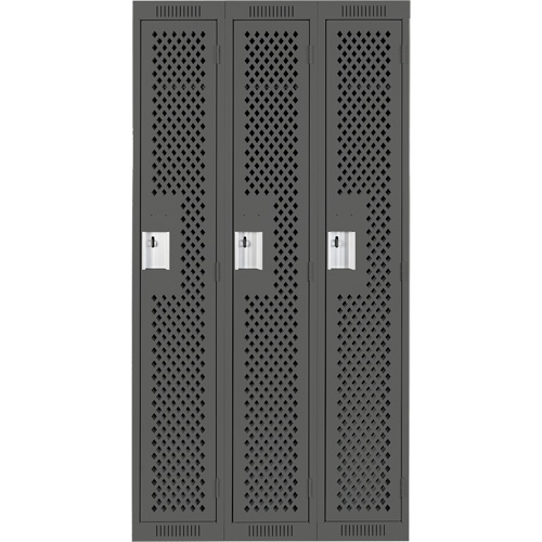 Clean Line Lockers, Bank of 3, 36" x 12" x 72", Steel, Charcoal, Rivet (Assembled), Perforated Auto-Cam