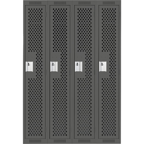 Clean Line Lockers, Bank of 4, 48" x 12" x 72", Steel, Charcoal, Rivet (Assembled), Perforated Auto-Cam