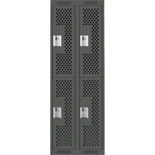 Clean Line Lockers, 2 -tier, Bank of 2, 24" x 12" x 72", Steel, Charcoal, Rivet (Assembled), Perforated Auto-Cam