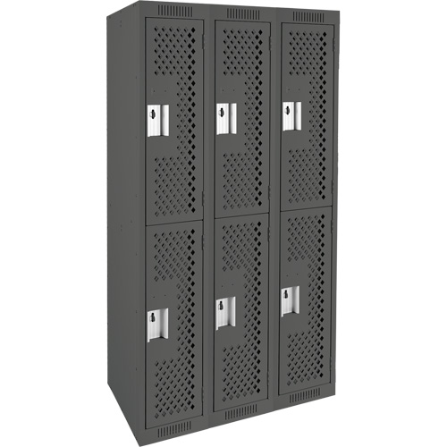 Clean Line Lockers, 2 -tier, Bank of 3, 36" x 12" x 72", Steel, Charcoal, Rivet (Assembled), Perforated Auto-Cam