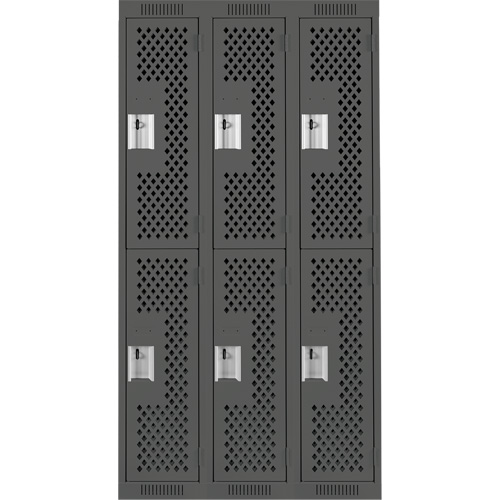 Clean Line Lockers, 2 -tier, Bank of 3, 36" x 12" x 72", Steel, Charcoal, Rivet (Assembled), Perforated Auto-Cam