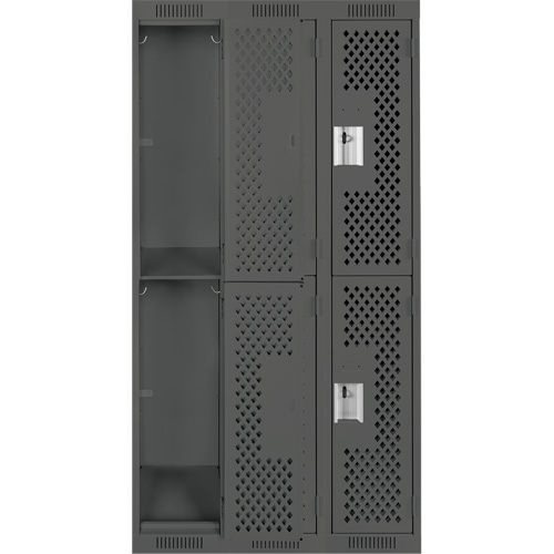 Clean Line Lockers, 2 -tier, Bank of 3, 36" x 12" x 72", Steel, Charcoal, Rivet (Assembled), Perforated Auto-Cam