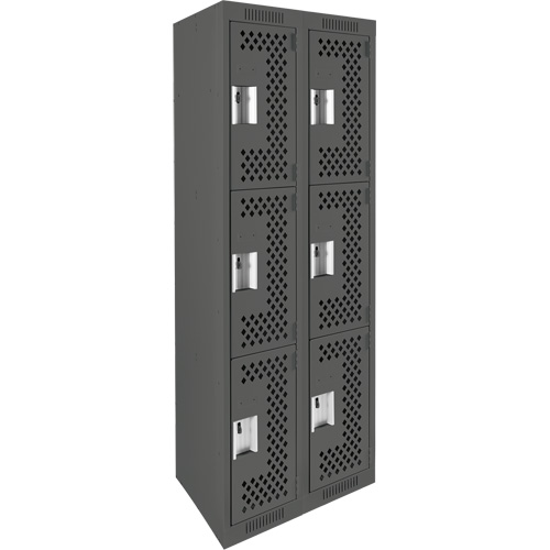 Clean Line Lockers, 3 -tier, Bank of 2, 24" x 12" x 72", Steel, Charcoal, Rivet (Assembled), Perforated Auto-Cam