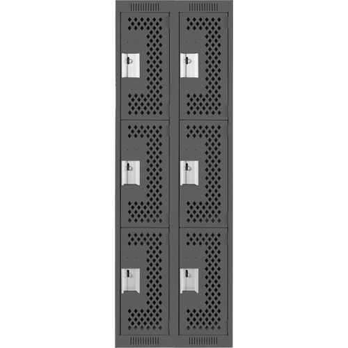 Clean Line Lockers, 3 -tier, Bank of 2, 24" x 12" x 72", Steel, Charcoal, Rivet (Assembled), Perforated Auto-Cam