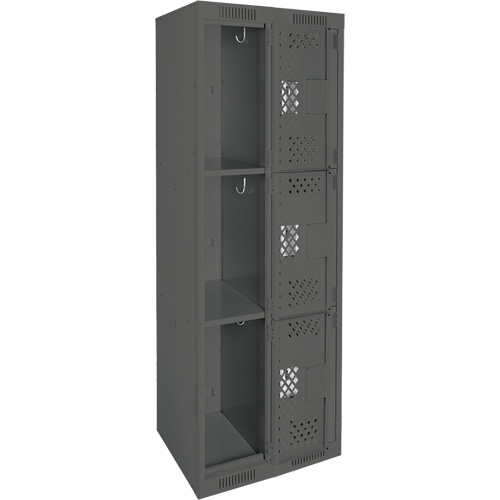 Clean Line Lockers, 3 -tier, Bank of 2, 24" x 12" x 72", Steel, Charcoal, Rivet (Assembled), Perforated Auto-Cam