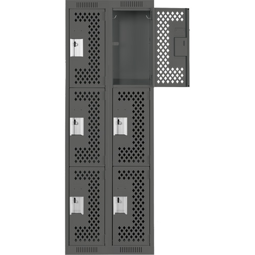 Clean Line Lockers, 3 -tier, Bank of 2, 24" x 12" x 72", Steel, Charcoal, Rivet (Assembled), Perforated Auto-Cam