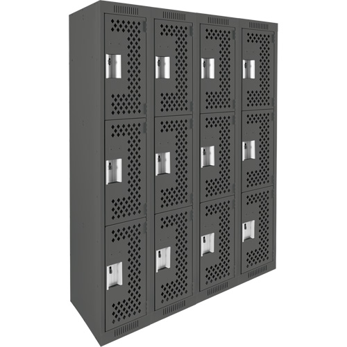 Clean Line Lockers, 3 -tier, Bank of 4, 48" x 12" x 72", Steel, Charcoal, Rivet (Assembled), Perforated Auto-Cam