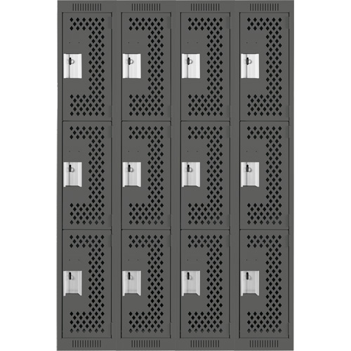 Clean Line Lockers, 3 -tier, Bank of 4, 48" x 12" x 72", Steel, Charcoal, Rivet (Assembled), Perforated Auto-Cam