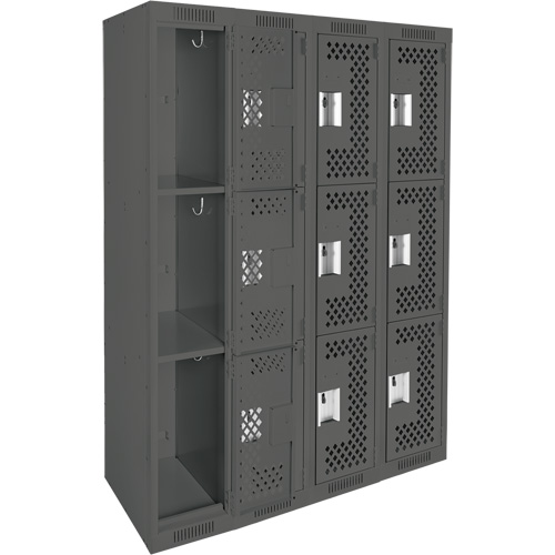 Clean Line Lockers, 3 -tier, Bank of 4, 48" x 12" x 72", Steel, Charcoal, Rivet (Assembled), Perforated Auto-Cam