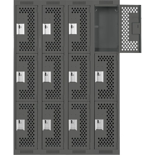 Clean Line Lockers, 3 -tier, Bank of 4, 48" x 12" x 72", Steel, Charcoal, Rivet (Assembled), Perforated Auto-Cam