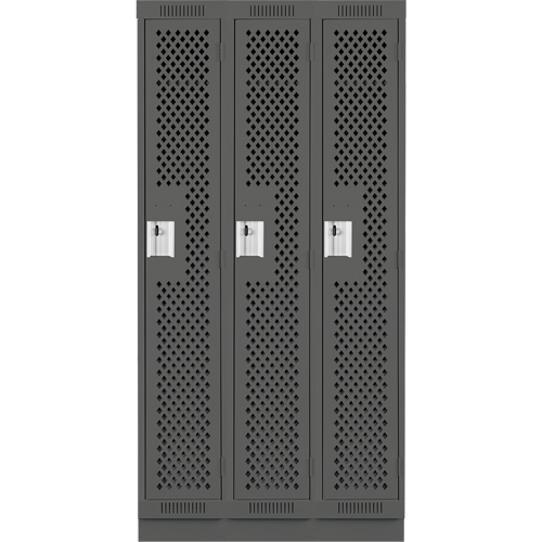 Clean Line Lockers, Bank of 3, 36" x 12" x 76", Steel, Charcoal, Rivet (Assembled), Perforated Auto-Cam
