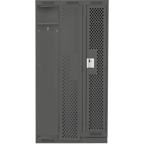 Clean Line Lockers, Bank of 3, 36" x 12" x 76", Steel, Charcoal, Rivet (Assembled), Perforated Auto-Cam