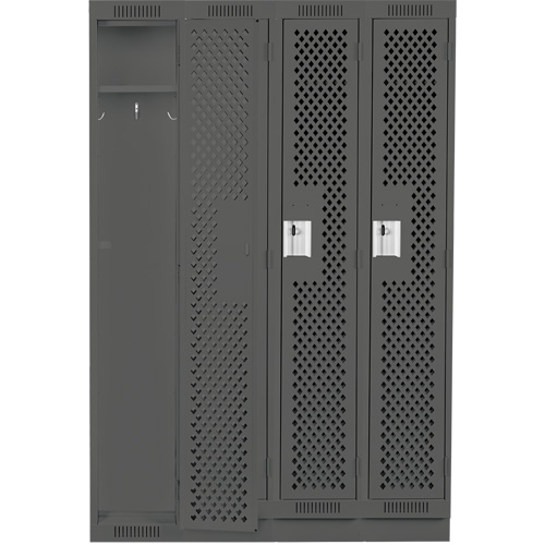 Clean Line Lockers, Bank of 4, 48" x 12" x 76", Steel, Charcoal, Rivet (Assembled), Perforated Auto-Cam